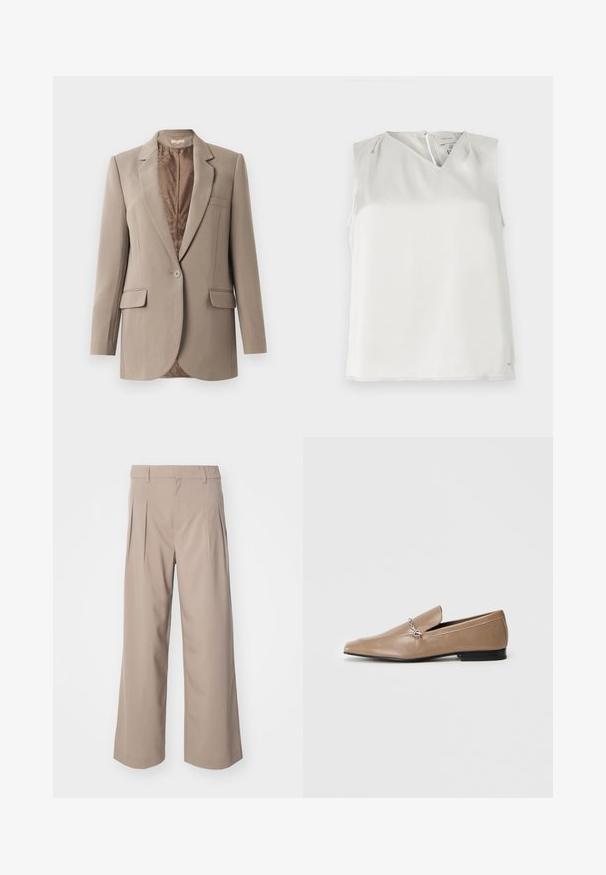 Beige blazer lavet af glat stof, med en notched lapel, en enkelt knaplukning og to frontlommer, med en kontrasterende brun foret.; Ærmeløs hvid bluse med V-udskæring, diskrete folder ved skuldrene og lynlåslukning bagpå, vist på ensfarvet baggrund.; Beige brede bukser med læg, lavet af glat stof. Har en mellemhøj talje og en ren, skræddersyet silhuet.; Tan læder loafers med spids tå, dekorativt sølv hardware-element og en lav sort hæl. Glat tekstur og minimalistisk design.