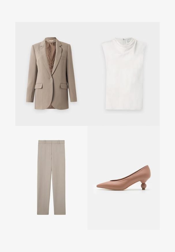 Beige blazer lavet af glat stof, med en notched lapel, en enkelt knaplukning og to frontlommer, med en kontrasterende brun foret.; Hvid ærmeløs top med høj hals og lynlåslukning bagpå, vist fladt på en hvid baggrund.; Beige, lige bukser med bæltestropper og et rent, minimalistisk design, vist fladt på en hvid baggrund.; Weekend Max Mara RENZA - Pumps - nudo