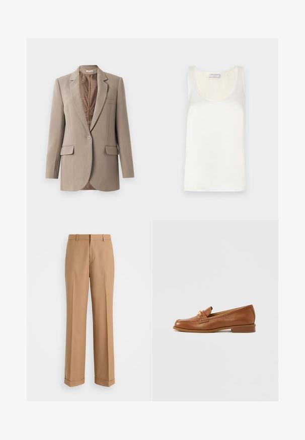 Beige blazer lavet af glat stof, med en notched lapel, en enkelt knaplukning og to frontlommer, med en kontrasterende brun foret.; Hvid satin ærmeløs tanktop med rund halsudskæring og glat tekstur, med en subtil glans og rene kanter.; Beige skræddersyede bukser med lige ben, lavet af blødt stof, med en frontfold og oprullede manchetter ved kanten.; Brun læderloafer med rundet tå, dekorativ strop og lille hæl. Glat tekstur, subtile syningsdetaljer og guldfarvede metalbeslag.
