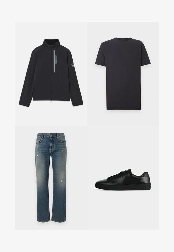Schwarze, leichte Jacke mit hohem Kragen, Front-Reißverschluss und Reißverschlusstasche auf der Brust. Mit Logodetail am Ärmel. Glatte Textur.; Schwarzes T-Shirt mit kurzen Ärmeln, das ein strukturiertes Zickzackmuster, einen runden Ausschnitt und einen geraden Schnitt aufweist. Hergestellt aus weichem, leichtem Stoff.; Dunkelblaue Denim-Jeans mit geradem Schnitt, die leichte Auswaschungen und abgenutzte Stellen aufweisen. Klassisches Fünf-Taschen-Design und Knopfverschluss.; Schwarzer niedriger Ledersneaker mit schwarzen Schnürsenkeln und dicker schwarzer Sohle, von der Seite auf hellgrauem Hintergrund gezeigt.