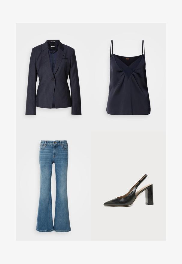 Blazer à rayures bleu marine foncé avec une fermeture à un bouton, des revers crantés et deux poches avant. Doublure intérieure lisse visible.; Camisole en soie navy avec de fines bretelles, décolleté en V et détails froncés au niveau de la poitrine ; texture lisse et coupe décontractée.; Jean évasé bleu clair en denim, doté de cinq poches, de coutures visibles, et d'une fermeture à bouton et à zip à la taille.; Chaussure slingback en cuir noir à bout pointu avec un talon bloc haut et une doublure intérieure beige sur un fond clair uni.