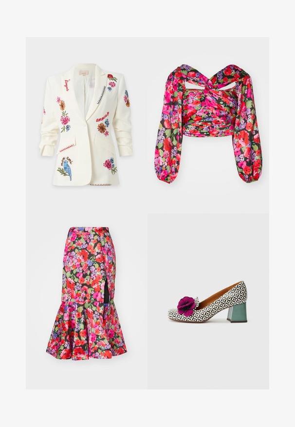 Blazer blanc avec broderies florales colorées, oiseau bleu et mots français comme "bonjour", "amour" et "mon ami" sur le devant et les manches.; Haut court floral avec des manches bouffantes dans des motifs vibrants de rose, rouge et violet sur un fond sombre ; présente un design noué au niveau du col.; Jupe florale avec un fond noir orné de fleurs rouges, roses et violettes éclatantes. Ourlet froncé, design ajusté, et détail de fente sur le côté.; Chaussure femme à talon moyen avec motif géométrique noir et blanc, talon bloc vert, et grande décoration florale violette sur le devant.