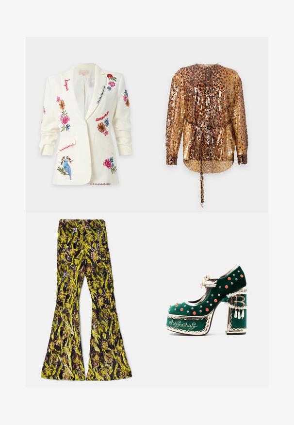 Blazer blanc avec broderies florales colorées, oiseau bleu et mots français comme "bonjour", "amour" et "mon ami" sur le devant et les manches.; Rabanne Blouse - hairy/brown/black; AKNVAS EXCLUSIVE LENNON BEADED PANT - Pantalon classique - ink citrine; Chaussure à plateforme en velours vert avec des clous décoratifs rouges et argentés, des brides en perles, une bordure dorée, une broderie et un talon bloc avec des perles pendantes et un charme "B".