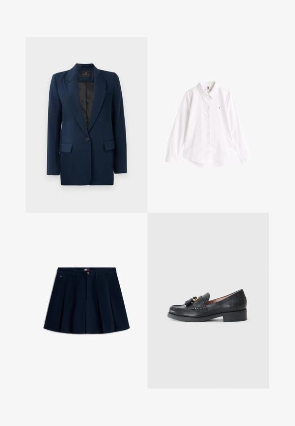 Blazer bleu marine avec une fermeture à un bouton, revers crantés, deux poches avant et une texture lisse. Intérieur doublé en noir.; Chemise blanche en coton avec un col classique, des manches longues et un ourlet incurvé. Présente un petit logo coloré sur la poitrine.; Jupe mini plissée bleu marine avec bouton et fermeture éclair à l'avant, passants de ceinture, poches latérales et petit logo sur la hanche gauche.; Mocassins en cuir noir avec un bout rond, des franges décoratives et un petit talon. Présente des coutures visibles et une texture lisse.