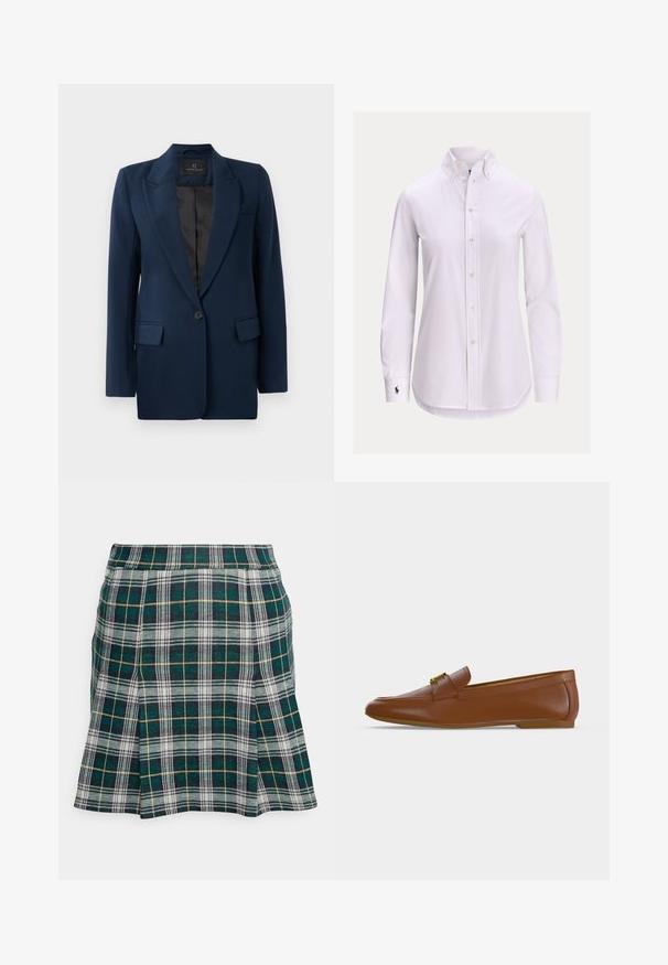 Blazer bleu marine avec une fermeture à un bouton, revers crantés, deux poches avant et une texture lisse. Intérieur doublé en noir.; Chemise blanche à manches longues avec col boutonné et petit logo brodé sur le poignet gauche.; Hollister Co. PLEATED MINI SKIRT - Minijupe - green; Mocassin en cuir marron avec une boucle dorée et un petit talon plat, vu de profil sur un fond clair uni.