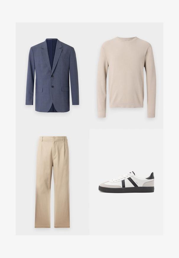 Blazer bleu marine en tissu texturé, présentant un motif à carreaux subtil, deux poches avant et deux boutons sur le devant.; Pull beige à manches longues avec col rond, poignets et ourlet côtelés, présentant un motif en tricot texturé.; Pantalons beiges à jambes droites en coton doux, avec une fermeture à bouton, des plis à l'avant et des ourlets propres et simples.; Baskets blanches avec des accents noirs et gris, présentant un embout texturé gris, une semelle en caoutchouc noir et des lacets plats blancs. Design épuré, style minimaliste.