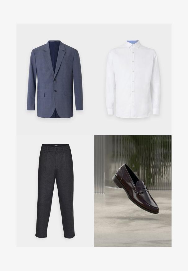 Blazer bleu marine en tissu texturé, présentant un motif à carreaux subtil, deux poches avant et deux boutons sur le devant.; Chemise blanche à manches longues avec un devant à boutons, présentant un motif à carreaux bleu clair à l'intérieur du col et des poignets. Texture de tissu lisse.; Jack & Jones PREMIUM JPSTKARL JJREESE TAPERED - Chino - dark grey; Mocassins en cuir marron à finition brillante, avec une couture surélevée et un petit détail découpé à l'avant, ainsi qu'une semelle basse noire.