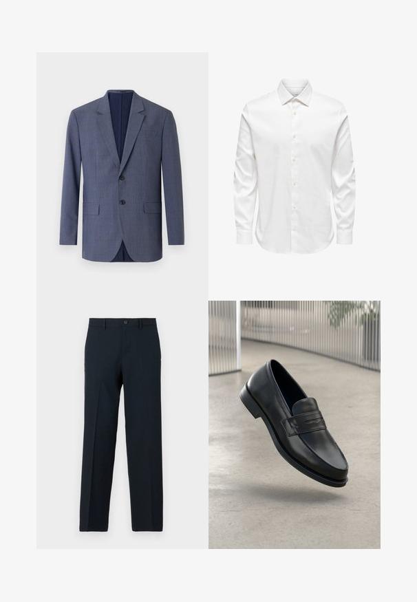 Blazer bleu marine en tissu texturé, présentant un motif à carreaux subtil, deux poches avant et deux boutons sur le devant.; Chemise blanche pour homme à manches longues avec col pointu et rangée avant de boutons blancs sur fond uni.; Pantalon noir slim-fit avec fermeture par bouton et zip, passants pour ceinture et coupe droite.; Mocassin en cuir noir à texture lisse, bout pointu et bande décorative sur le cou-de-pied. Semelle légère, design minimaliste.