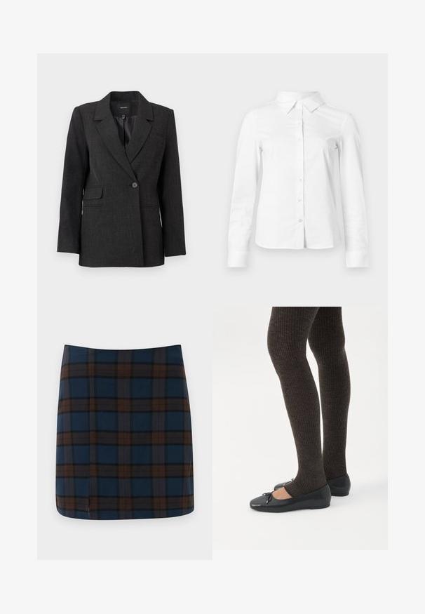 Blazer gris foncé à bouton unique avec revers, manches longues, poches à rabat et doublure intérieure lisse.; Chemise blanche à manches longues avec boutons, col pointu, ourlet droit et silhouette ajustée, présentée sur un fond clair uni.; Jupe mini en tartan bleu marine avec des lignes marron et grises, fabriquée dans un tissu lisse, avec une fente discrète au dos pour plus de liberté de mouvement.; Jambes portant des leggings côtelés foncés associés à des ballerines noires avec de petits détails en nœud sur fond blanc.