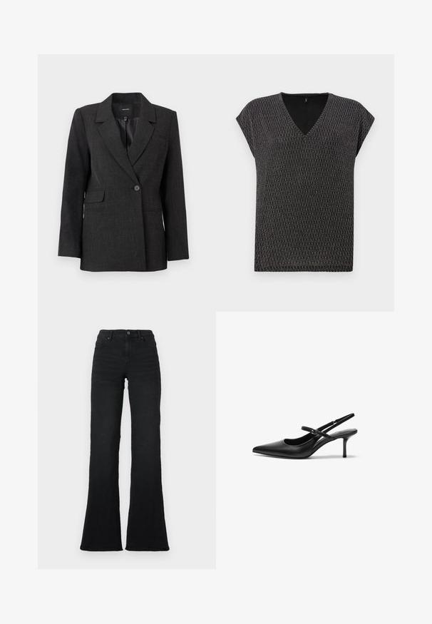 Donkergrijze blazer met één knoop, met notched lapels, lange mouwen, klepzakken en een gladde binnenvoering.; Zwarte V-hals top met kapmouwen, voorzien van een gestructureerd breipatroon in een diagonale ruitenschema. Zachte stof met een lichte glans.; Zwarte hoge taille flared jeans met voorkruiszakken, riemlussen en knoopsluiting tegen een witte achtergrond.; Zwarte leren slingback hakken met een puntige neus, slanke verstelbare band en een ongeveer 5 cm hoge stiletto hak, met een gladde textuur.