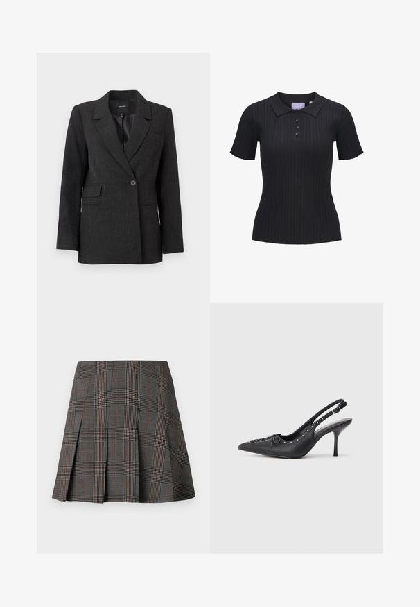 Mørkegrå ensfarvet blazer med slagkrave, lange ærmer, klaplommer og en glat inderforing.; Sort kortærmet ribstrikket polo i strik med fire knapper og traditionelt krave.; Gråternet nederdel med plisseringer, prydet med intrikate mønstre i sort og hvid, akkompagneret af tynde røde linjer. Fremstillet af et struktureret stof.; Sorte læder slingback stiletto med spids tå, side spændebånd, nitter langs kanten og dekorativ snøring foran.