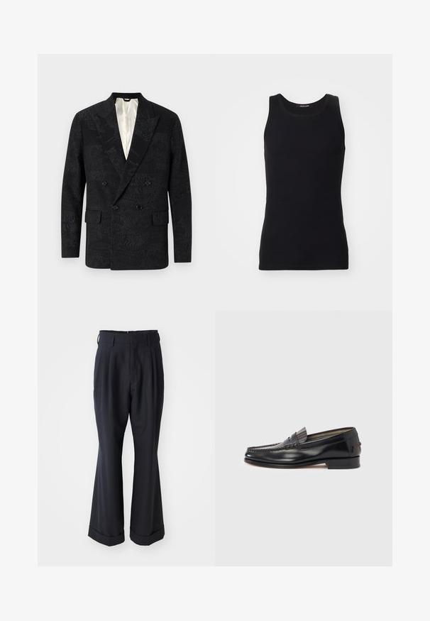 Sort dobbeltradet blazer med tekstureret stof og diskrete mønstre, skrå kraver og to forlommer. Foret indvendig.; Sort tanktop lavet af et glat, strækbart materiale. Har en rund halsudskæring og ingen ærmer, med en tætsiddende pasform og enkelt design.; Sorte skræddersyede bukser med en afslappet pasform, plisseret forside og vide ben. Har en opsmøg i bunden og en glat stofstruktur.; Sorte læderloafers med moccasin-design, der har en dekorativ bånd og syningsdetaljer på overdelen. Lav blokhæl.