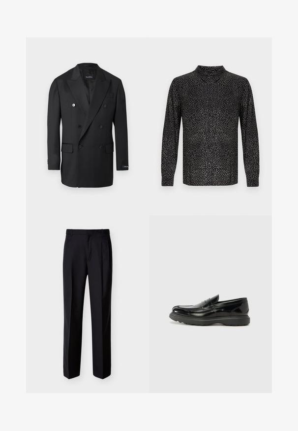 Blazer noir croisé à revers crantés, six boutons, poches à rabat et une étiquette sur la manche gauche.; Chemise noire à manches longues avec un col montant, une fermeture à boutons sur le devant et un motif à pois blancs répartis sur toute la surface. Tissu lisse avec une coupe décontractée.; Pantalon noir ajusté à coupe droite, avec un devant plissé et des poches latérales. Confectionné dans un tissu lisse et léger à motif uni.; Mocassin en cuir noir avec une finition brillante, bout arrondi, détails de couture subtils et semelle en caoutchouc épaisse pour la durabilité.