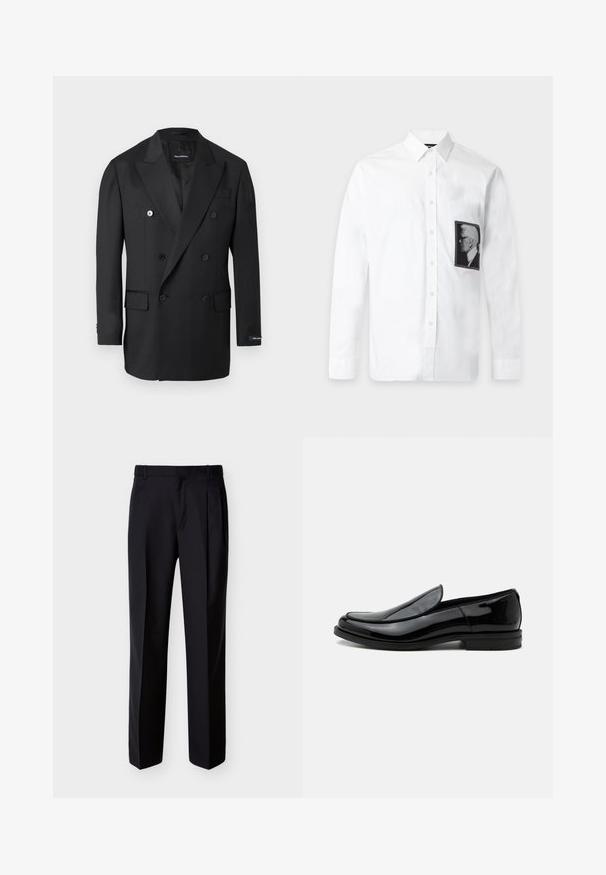 Blazer noir croisé à revers crantés, six boutons, poches à rabat et une étiquette sur la manche gauche.; Chemise blanche à manches longues boutonnée avec un col classique et un patch portrait de profil noir et blanc sur le côté gauche de la poitrine.; Pantalon noir ajusté à coupe droite, avec un devant plissé et des poches latérales. Confectionné dans un tissu lisse et léger à motif uni.; Chaussure de ville noire en cuir brillant à enfiler, avec talon bas et bout arrondi, vue de côté sur fond blanc uni.