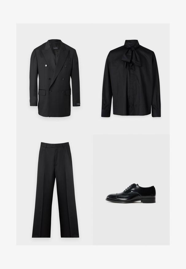 Blazer noir croisé à revers crantés, six boutons, poches à rabat et une étiquette sur la manche gauche.; Blouse noire à manches longues avec col montant et grand nœud noué au cou, poignets boutonnés, présentée sur un fond uni.; Pantalon noir à jambes droites avec passants de ceinture, plis à l'avant et fermeture frontale dissimulée.; Chaussure de ville en cuir noir avec une finition polie, bout rond, design à lacets et un petit talon empilé, présentant un détail de couture subtil.