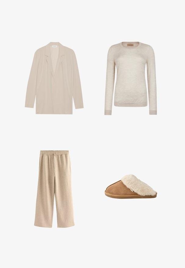 Beige åben front blazervest lavet af letvægtsstof. Har lange ærmer, spidse revers og sidelommer. Glat tekstur, minimalistisk design.; Langærmet crewneck-trøje i lysebeige, lavet af fint strikket stof med ribstrikkede manchetter og kant.; Beige vide benbukser lavet af blødt stof, med en elastisk talje og snor, og en diskret prikket tekstur hele vejen igennem.; Brun slip-on tøffel med blød beige imiteret pelsforing og sål, vist fra siden på hvid baggrund.