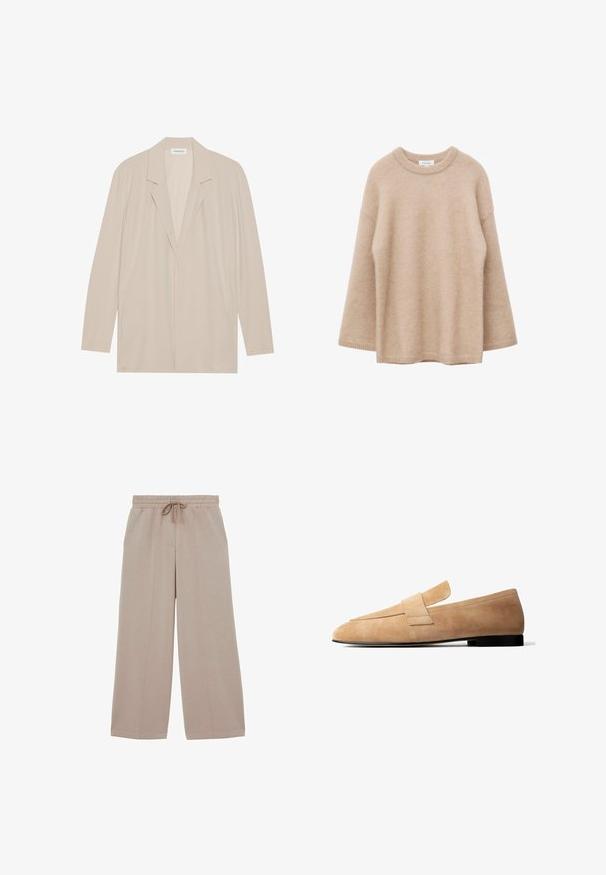 Beige blazer met een open voorkant van lichtgewicht stof. Kenmerken zijn lange mouwen, gelapte revers en zijzakken. Soepele textuur, minimalistisch ontwerp.; Beige trui met lange mouwen, ronde hals, zachte, pluizige textuur en een losse pasvorm, weergegeven tegen een witte achtergrond.; Beige wijde broek met elastische taille en trekkoord, met details aan de voornaad en een ontspannen pasvorm.; Lichtbruine suède loafer met een lage zwarte hak en een brede band over de bovenkant, weergegeven in zijaanzicht tegen een witte achtergrond.