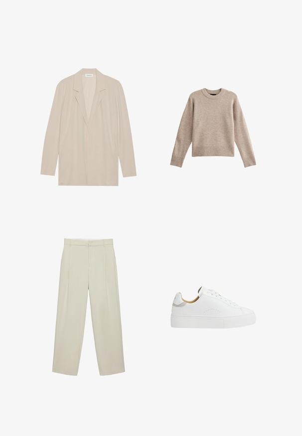 Beige blazer met een open voorkant van lichtgewicht stof. Kenmerken zijn lange mouwen, gelapte revers en zijzakken. Soepele textuur, minimalistisch ontwerp.; Beige gebreide trui met een ronde hals, ribgebreide mouwen en boord. De stof heeft een zachte textuur met een subtiel patroon. Ontspannen pasvorm.; Beige hoog getailleerde, op maat gemaakte broek met zijzakken, riemlussen en een voorritssluiting, met rechte pijpen.; Witte lage sneaker met dikke rubberen zool, witte veters, klein geperforeerd detail aan de zijkant en beige voering.