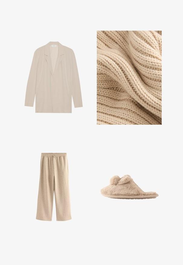 Beige blazer met een open voorkant van lichtgewicht stof. Kenmerken zijn lange mouwen, gelapte revers en zijzakken. Soepele textuur, minimalistisch ontwerp.; Beige gebreide stof met getextureerde ribbels, met variërende dikte en een zachte, donzige uitstraling. Draden zijn dicht geweven.; Crème-kleurige wijde broek gemaakt van een zachte katoenmix. Heeft een elastische tailleband met trekkoord en een subtiele gespikkelde textuur.; Beige, pluizige instapslof met twee pompons bovenop en een platte zool, ontworpen voor binnenshuis gebruik.