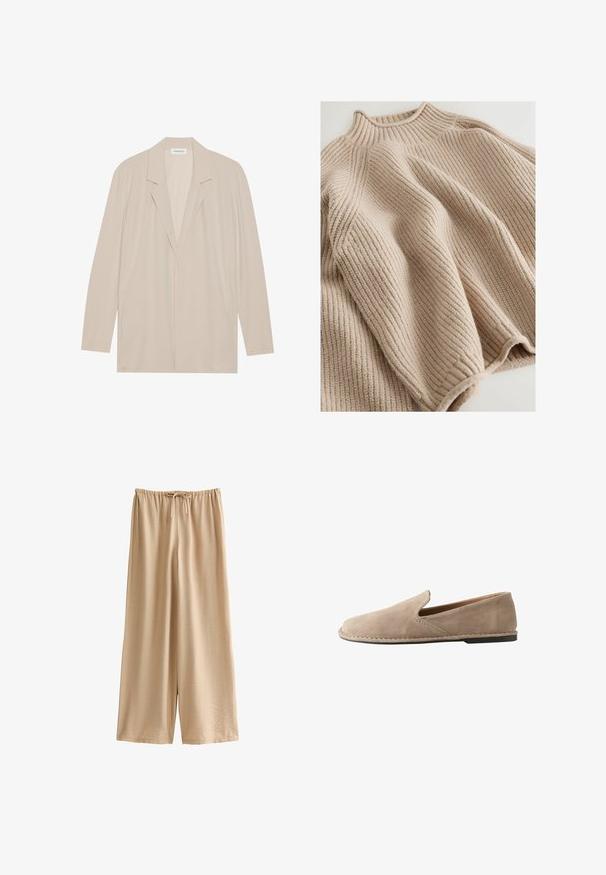 Beige blazer met een open voorkant van lichtgewicht stof. Kenmerken zijn lange mouwen, gelapte revers en zijzakken. Soepele textuur, minimalistisch ontwerp.; Gebreide trui in lichtbeige met een geribbelde textuur, met een hoge kraag en een brede, ontspannen silhouet. Accentueert met textuursteek.; Nudekleurige broek met wijde pijpen, gemaakt van zachte, lichte stof, voorzien van een elastische tailleband met trekkoord en een losse pasvorm.; Beige suède instapschoen met afgeronde neus, lage platte hak, doorgenaaide zool en elastische zij inzet voor gemakkelijk aan- en uittrekken.