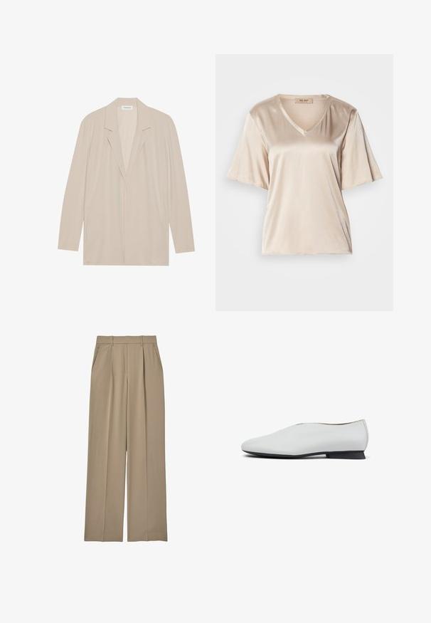 Beige åben front blazervest lavet af letvægtsstof. Har lange ærmer, spidse revers og sidelommer. Glat tekstur, minimalistisk design.; Beige satin T-shirt med V-hals, korte udvidede ærmer og en glat tekstur. Designet er enkelt uden mønstre eller udsmykninger.; Reiss EDEN HALF ELASTICATED WIDE LEG - Bukser - mink neutral; Hvid lædersko med rundet tå og lav sort hæl, der har en glat tekstur og et enkelt, elegant silhuet.