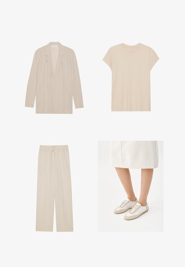 Beige blazer met een open voorkant van lichtgewicht stof. Kenmerken zijn lange mouwen, gelapte revers en zijzakken. Soepele textuur, minimalistisch ontwerp.; Beige T-shirt met korte mouwen, gemaakt van zachte stof, met een ronde hals en een relaxte pasvorm. Gladde textuur zonder zichtbare patronen of accenten.; Beige wijde broek van zacht materiaal, met een elastische tailleband, trekkoord en zijzakken voor praktische doeleinden.; Persoon die witte sneakers met beige suède accenten draagt en een witte rok tot op de knie, staande tegen een witte achtergrond.