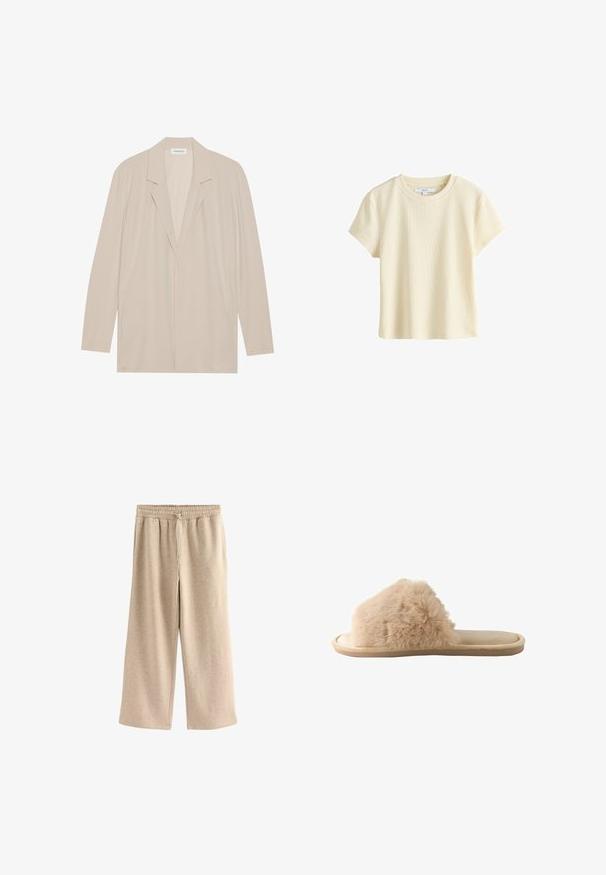 Beige åben front blazervest lavet af letvægtsstof. Har lange ærmer, spidse revers og sidelommer. Glat tekstur, minimalistisk design.; Kortærmet ribbet cremefarvet crop top med rund halsudskæring, vist på hvid baggrund, med et lille mærke inde i kraven.; Cremefarvede breddebenede bukser lavet af blødt bomuldsblandingsstof. Har en elastisk talje med snor og en subtil plettet tekstur.; Beige åben-tå tøfler med bred, blød imiteret pelssnor og flad sål, designet til indendørs komfort og varme.
