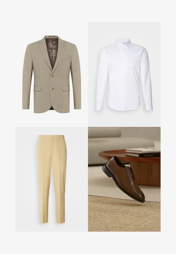 Beige blazer met een gestructureerde stof, eencilinderontwerp, twee voorkruiszakken en twee knopen. Gevoerd in een donkerdere tint.; Witte lange mouwen knoopshirt gemaakt van gladde katoenstof, met een klassieke kraag, knoopsluiting en een gebogen zoom.; Beige pantalon met rechte pasvorm, platte voorkant en zijzakken. Gemaakt van een gladde stof met een lichte glans.; Bruine leren oxford schoen met zwarte zool hangend boven een beige geweven tapijt, met een houten tafel en gestapelde boeken op de achtergrond.