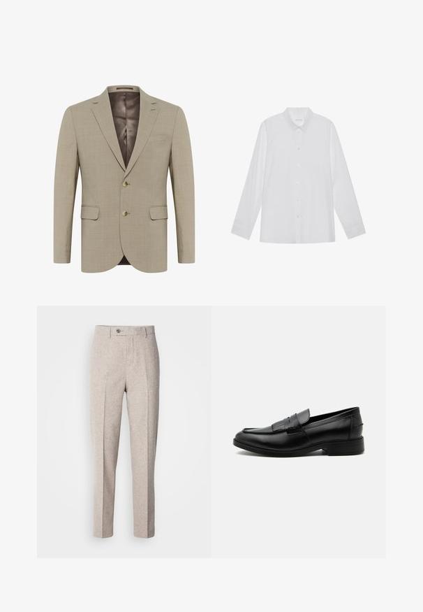 Blazer beige en tissu texturé, design à un bouton, deux poches avant et deux boutons. Doublé d'une teinte plus foncée.; Chemise blanche à manches longues en tissu lisse, dotée d'un col pointu, d'une fermeture à boutons sur le devant et de poignets à un bouton.; Pantalons en laine beige clair avec une texture lisse, coupe droite, plis sur le devant et fermeture à un bouton à la taille.; Mocassin homme en cuir noir avec détail pompon, bout arrondi, talon bas et finition polie lisse, montré de profil sur fond blanc.