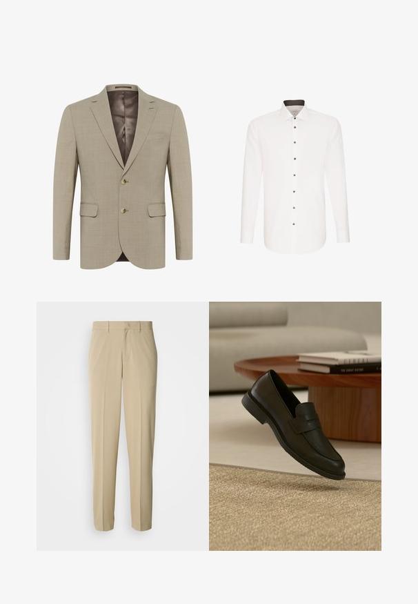 Blazer beige en tissu texturé, design à un bouton, deux poches avant et deux boutons. Doublé d'une teinte plus foncée.; Chemise blanche à manches longues avec boutons sur le devant, col italien et détail intérieur de col contrastant noir, présentée de face sur fond blanc.; Pantalon beige à jambes droites, confectionné dans un tissu lisse, avec un devant plat et sans poches ni ornements visibles.; Chaussure mocassin en cuir noir présentée en suspension au-dessus d'un tapis beige tissé, avec une table en bois et des livres empilés dans un salon doucement éclairé.