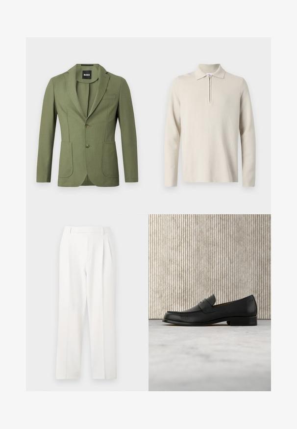 Olijfgroene getailleerde mannenblazer met notch lapels, twee knopen, twee voorzakken en een borstzak.; Crème-kleurige longsleeve poloshirt met een rits bij de kraag, gemaakt van zachte, gestructureerde stof, met een klassieke pasvorm en een minimaal ontwerp.; Witte op maat gemaakte broeken met een recht model, voorzien van plooien, een platte voorkant en een gladde stofstructuur. Geen zichtbare zakken of accenten.; Zwarte leren loafer zweeft boven een beige tapijt met op de achtergrond een glanzende, ronde, bruine tafel.