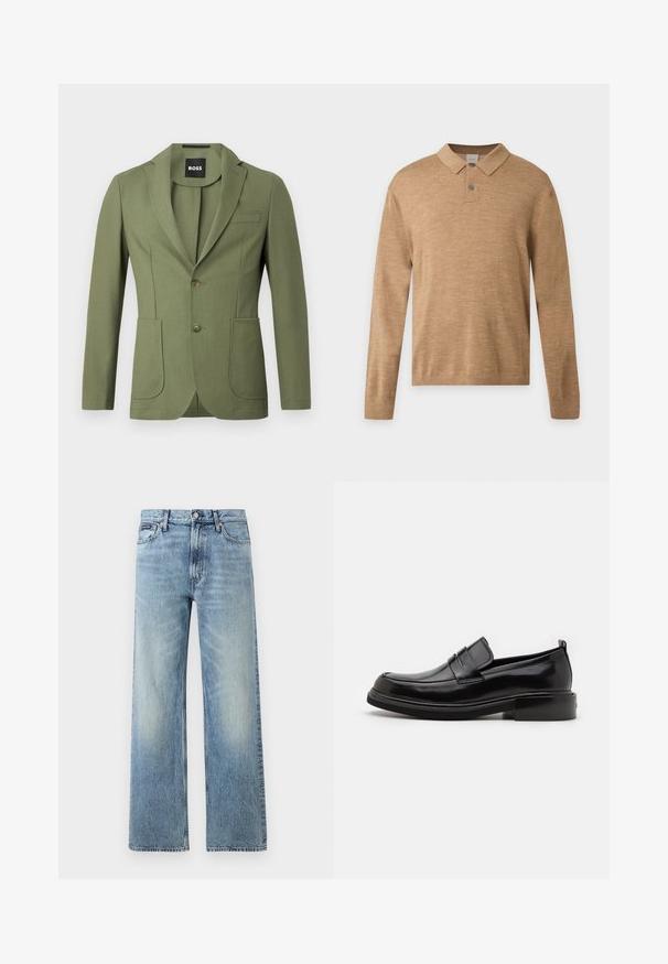 Blazer de hombre en verde oliva, ajustado, con solapas de muesca, dos botones, dos bolsillos frontales tipo parche y un bolsillo en el pecho.; Polo de punto marrón claro de manga larga con cuello y dos botones, hecho de tela suave y texturizada, mostrado sobre un fondo claro y liso.; Vaqueros de mezclilla azul claro de corte recto con cintura alta, cinco bolsillos, cierre de botón y sutil desgaste en los muslos y las rodillas.; Calvin Klein MOCCASIN - Mocasines elegantes - black