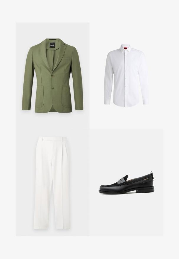 Olijfgroene getailleerde mannenblazer met notch lapels, twee knopen, twee voorzakken en een borstzak.; Witte overhemden van soepel materiaal met een klassieke kraag, lange mouwen en een afgeronde zoom. Voorzien van beige knopen aan de voorkant.; Witte op maat gemaakte broeken met een recht model, voorzien van plooien, een platte voorkant en een gladde stofstructuur. Geen zichtbare zakken of accenten.; Zwarte leren loafer met grijs riemdetailelement, lage hak en gestructureerde zool, aan de zijkant gebrandmerkt met "HUGO" in goud.