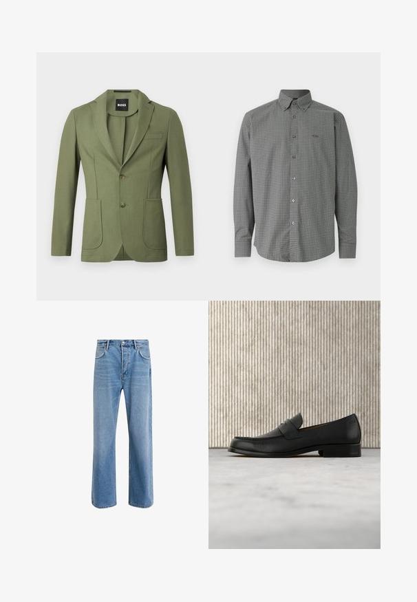 Blazer pour homme de couleur vert olive, ajusté, avec revers en pointe, deux boutons, deux poches plaquées à l'avant et une poche poitrine à rabat.; Chemise grise à manches longues avec boutonnière, motif à fines mailles blanches et col, avec logo BOSS brodé sur la poitrine gauche.; Jeans en denim bleu clair avec une coupe droite, cinq poches, fermeture à bouton, peu d'usure et des détails de couture contrastés.; Mocassin en cuir noir flottant au-dessus d'un tapis beige avec une table ronde brune brillante en arrière-plan.