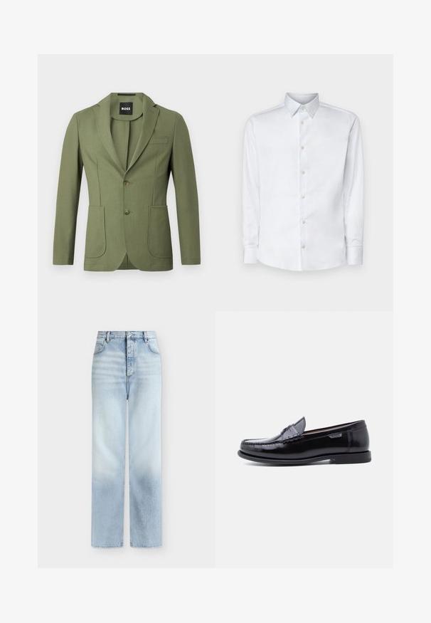 Olivgrüner maßgeschneiderter Herrenblazer mit Revers, zwei Knöpfen, zwei aufgesetzten Taschen vorne und einer Brusttasche.; Weißes Langarmhemd aus glattem Stoff, mit klassischem Kragen, Knopfleiste und Manschetten mit Knöpfen, vor einem einfarbigen Hintergrund präsentiert.; Hellblaue, hoch taillierte Jeans mit geradem Bein, Fronttaschen, Gürtelschlaufen und einem Knopfverschluss.; Schwarze Leder-Loafer mit glänzendem Finish, mit einer gesteppten Verzierung auf der Zehenpartie und einer niedrigen, strukturierten schwarzen Gummisohle.