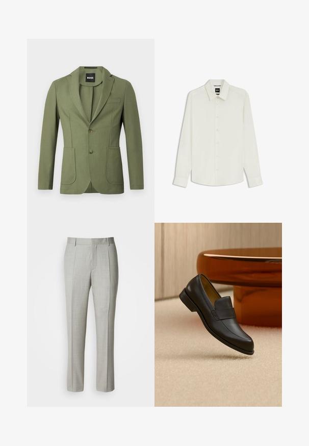 Olivenfarvet skræddersyet herreblazer med notch-lapel, to knapper, to forreste påsatte lommer og en brystlomme med welt.; Hvid herreskjorte med lange ærmer med knapper foran og en spids krave, mærket BOSS inde i kraven.; Lysegrå, skræddersyede bukser lavet af glat stof med lige snit, for-pressede læg og klassisk linning med bæltestropper.; Sort læder loafers med lav hæl svævende over beige tæppe ved rundt brunt bord.