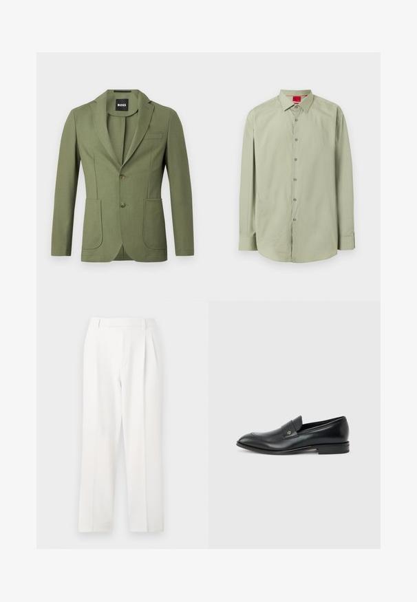 Olijfgroene getailleerde mannenblazer met notch lapels, twee knopen, twee voorzakken en een borstzak.; Lichtgroen overhemd met lange mouwen, knoopsluiting, een puntige kraag en een zichtbaar rood merklabel aan de binnenkant van de kraag.; Witte op maat gemaakte broeken met een recht model, voorzien van plooien, een platte voorkant en een gladde stofstructuur. Geen zichtbare zakken of accenten.; Zwarte leren herenslipper met lage hak, afgeronde neus en klein metalen logo op het riempje, zijaanzicht tegen een effen achtergrond.