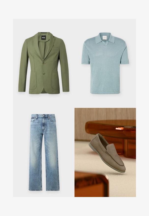 Olijfgroene getailleerde mannenblazer met notch lapels, twee knopen, twee voorzakken en een borstzak.; Lichtblauw kort mouw gebreid poloshirt met een uitgespreide kraag en een kleine V-halsopening, getoond op een witte achtergrond.; Lichtblauwe denim jeans met rechte pijpen, een hoge taille, vijf zakken, knoopsluiting en subtiele vervaging op de dijen en knieën.; Beige suède instapschoen met zichtbare stiksels en lichte zool, geplaatst bovenop een crèmekleurig tapijt, met oranje doorschijnend meubilair op de achtergrond.