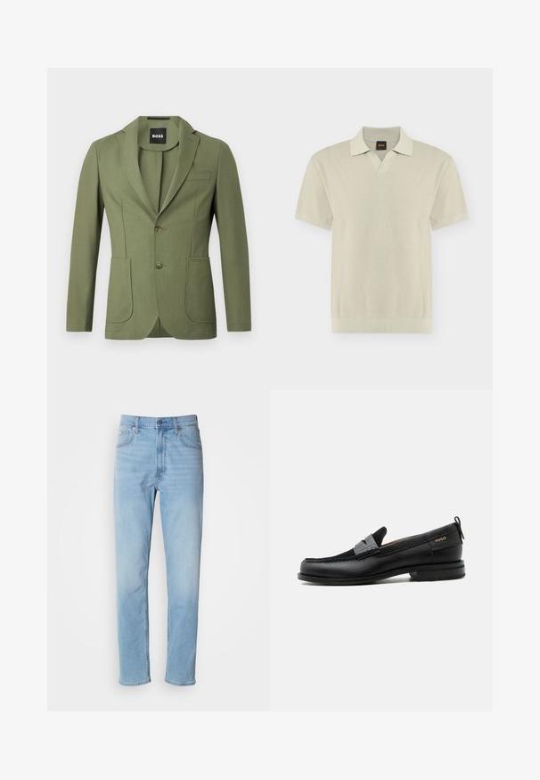 Olijfgroene getailleerde mannenblazer met notch lapels, twee knopen, twee voorzakken en een borstzak.; Lichtbeige korte mouw gebreide polo met een gestructureerd patroon, geribde zoom en manchetten, en een klein zwart label met "BOSS" in oranje bij de kraag.; Lichtblauwe denim jeans met een rechte pasvorm, vijf zakken en riemlussen. De stof heeft een gladde textuur met een lichte vervaging.; Zwarte leren loafer met grijs riemdetailelement, lage hak en gestructureerde zool, aan de zijkant gebrandmerkt met "HUGO" in goud.