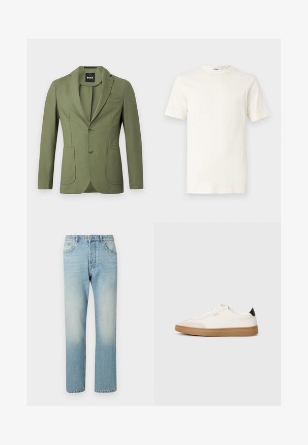 Olijfgroene getailleerde mannenblazer met notch lapels, twee knopen, twee voorzakken en een borstzak.; Lichtbeige katoenen T-shirt met korte mouwen en een ronde halslijn. Heeft een gladde textuur en een eenvoudig ontwerp zonder patronen of accenten.; Lichtblauwe jeans van denim, met een rechte pijpdesign, vijf zakken en een vervaagde was-effect op de dijen.; Witte sneakers met beige accenten, bovenwerk van glad leer, ronde neus en rubberen gumzool, met een zwarte hieltab en subtiele branding.