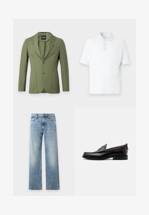 Olijfgroene getailleerde mannenblazer met notch lapels, twee knopen, twee voorzakken en een borstzak.; Polohemd in lichtblauw, gemaakt van gestructureerde stof. Voorzien van een korte kraag met knoopsluiting, korte mouwen en een losse pasvorm.; Lichtblauwe denim jeans met rechte pijpen, een hoge taille, vijf zakken, knoopsluiting en subtiele vervaging op de dijen en knieën.; Zwarte leren herensloffen met moc toe stiksel, pennyriem, gestructureerde kraag en lage gestapelde hak op witte achtergrond.
