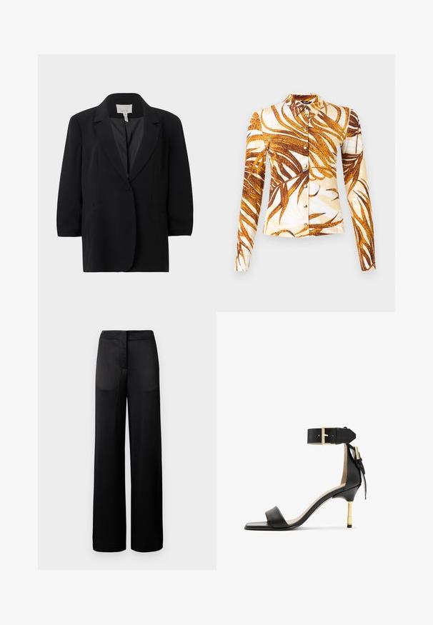 Blazer noir à un bouton avec revers crantés et deux poches passepoilées à l’avant, présenté sur un fond uni gris clair.; Chemise à manches longues avec boutons et col pointu, arborant un motif audacieux de feuilles abstraites en brun et beige sur fond blanc.; Pantalons noirs à jambes larges avec une surface texturée, dotés d'une taille plate et de deux poches latérales. Le tissu semble léger et fluide.; Sandale à talon en cuir noir avec un bout carré, une bride de cheville dotée d'une boucle en or et un talon métallique fin. Texture lisse, design minimaliste.