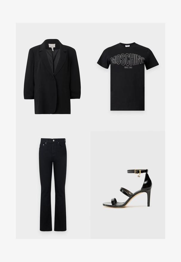 Blazer noir à un bouton avec revers crantés et deux poches passepoilées à l’avant, présenté sur un fond uni gris clair.; T-shirt en coton noir avec un col rond et des manches courtes. "MOSCHINO" en strass sur la poitrine, avec "SINCE 1983" en dessous.; Jean évasé en denim noir avec une coupe classique à cinq poches, doté d'une fermeture à bouton frontale et de détails de couture subtils.; Sandale en cuir verni noir avec trois brides, boucle de cheville et talon aiguille de 10 cm. Présente un détail en métal doré et un charm logo.