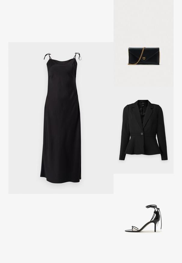 Blazer negro a medida con una cintura ajustada, mangas largas, cierre de un solo botón y dobladillo peplum. Tejido suave con un diseño clásico.; Vestido negro midi con finas tirantes ajustables, tela suave, corte recto y abertura lateral para facilitar el movimiento. Sin patrones discernibles.; Sandalia negra de tacón alto con finas tiras, lazo alrededor del tobillo y tacón de aguja de altura media sobre fondo blanco.; Clutch sobre de cuero negro con una cadena dorada y un emblema dorado. Presenta una textura suave y una forma estructurada.