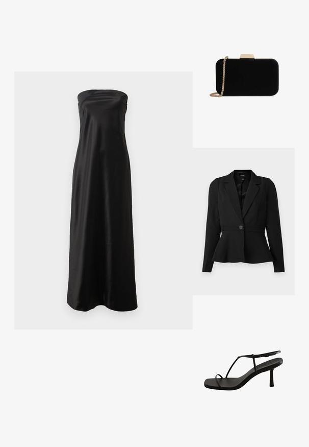 Blazer negro a medida con una cintura ajustada, mangas largas, cierre de un solo botón y dobladillo peplum. Tejido suave con un diseño clásico.; Vestido largo sin mangas de satén negro, con un diseño sencillo, textura suave y silueta fluida.; Sandalia negra de tacón con punta cuadrada y tiras delgadas. Cuenta con un tacón afilado de altura media y un acabado liso y mate.; Clutch de terciopelo negro con herrajes en tono dorado, de forma rectangular y con correa de cadena, que presenta una textura suave y sin patrones visibles.