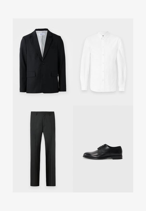 Blazer noir en tissu texturé avec une fermeture à un bouton, des revers crantés et trois poches, y compris une poche poitrine.; Chemise blanche à manches longues en coton, dotée d'un col boutonné et de boutons sur le devant. Texture lisse avec une coupe classique et sans motifs.; Pantalon habillé noir sur mesure avec passants de ceinture et un pli devant, présenté sur un fond gris clair.; Chaussure habillée en cuir noir avec un bout arrondi, un lacet, une texture lisse et une semelle en caoutchouc basse. Détails de couture minimaux.