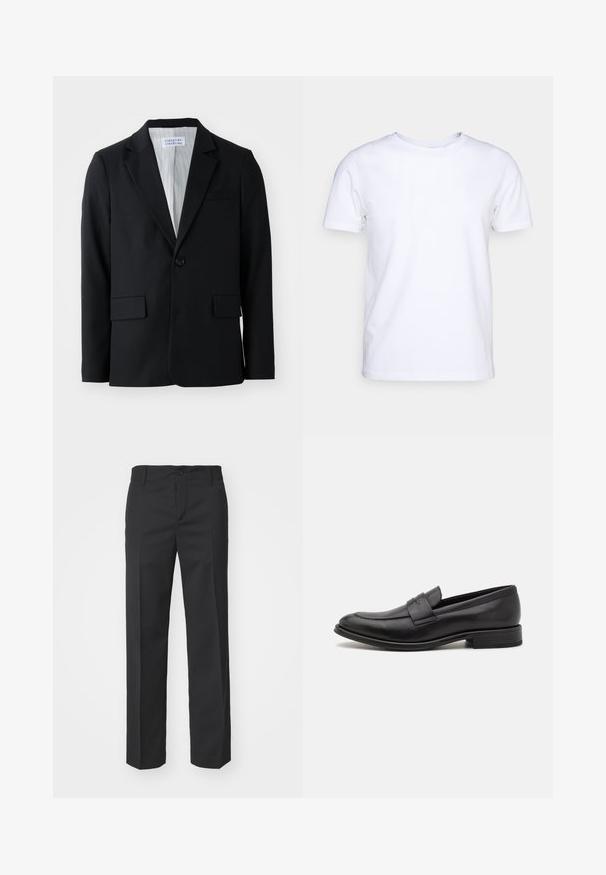 Blazer noir en tissu texturé avec une fermeture à un bouton, des revers crantés et trois poches, y compris une poche poitrine.; T-shirt blanc à manches courtes en tissu de coton avec un col rond. Design simple sans motifs ni accents. Texture lisse.; Filippa K TROY TROUSERS - Pantalon classique - black; Mocassin en cuir noir avec une finition lisse, une sangle décorative sur le dessus, un bout rond et un petit talon empilé.