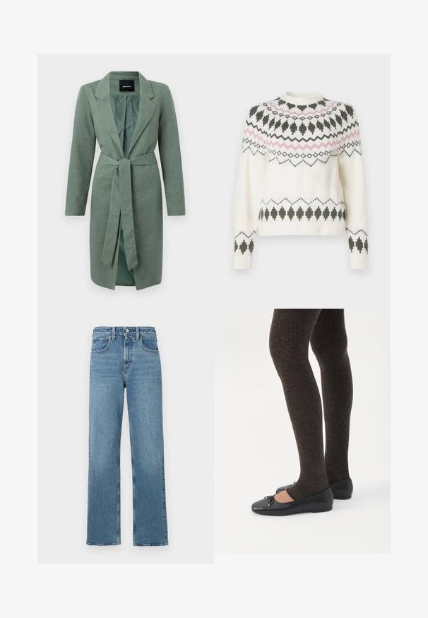 Manteau vert texturé à manches longues, col à crans et ceinture à nouer à la taille. Ouvert à l'avant avec une doublure intérieure contrastante.; Pull en tricot blanc avec des motifs géométriques noirs et roses sur la poitrine, les manches et l'ourlet, présentant un col rond et des poignets côtelés.; Jeans en denim droits taille haute bleus avec bouton à l'avant et poches sur fond blanc.; Jambes portant des leggings côtelés foncés associés à des ballerines noires avec de petits détails en nœud sur fond blanc.