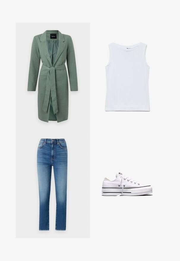 Manteau vert texturé à manches longues, col à crans et ceinture à nouer à la taille. Ouvert à l'avant avec une doublure intérieure contrastante.; Haut blanc sans manches en coton avec un large col rond et un ourlet droit, présenté à plat sur un fond blanc.; Jeans taille haute en denim, dotés d'une coupe droite, de cinq poches et d'un subtil délavage pour ajouter de la texture et des détails.; Baskets basses en toile blanche avec lacets blancs, bandes noires sur la semelle et embout en caoutchouc texturé, vue de côté sur fond blanc.