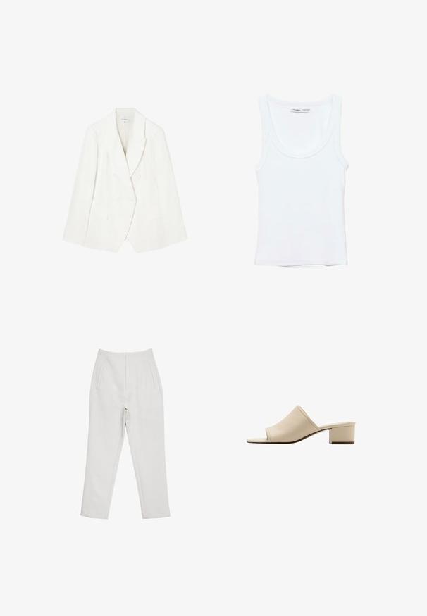 Blazer croisé en lin blanc avec des revers en pointe, deux poches avant et des poignets boutonnés. Texture lisse avec des détails de couture subtils.; Débardeur blanc uni sans manches avec encolure arrondie, fabriqué en tissu doux, étiquette à l'intérieur du col indiquant la marque et la taille.; Pantalons blancs ajustés avec taille haute, poches avant et design structuré. Tissu lisse avec une finition soignée et jambes droites.; Sandale mule beige à bout ouvert avec un petit talon bloc et une tige en cuir lisse, vue de profil sur fond blanc.